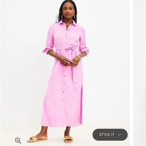 Pink Linen Blend Long Shirt Dress